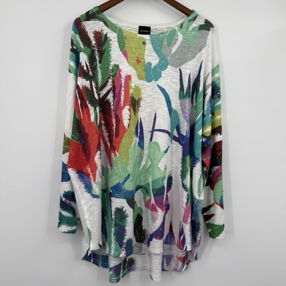Inoah Top Shirt Womens 2X White Multicolor Floral Tropical Knit Boxy Breathable